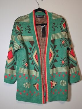 Lucky And Blessed Women's Teal Aztec Open-Front Cardigan W/ Pockets